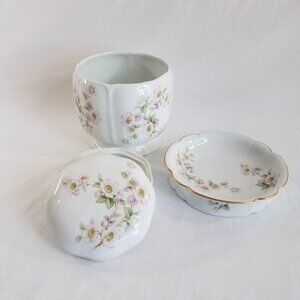 3 PC Vintage Spanish Vanity Set Porcelain Vase Trinket Dishes White Pink Spain
